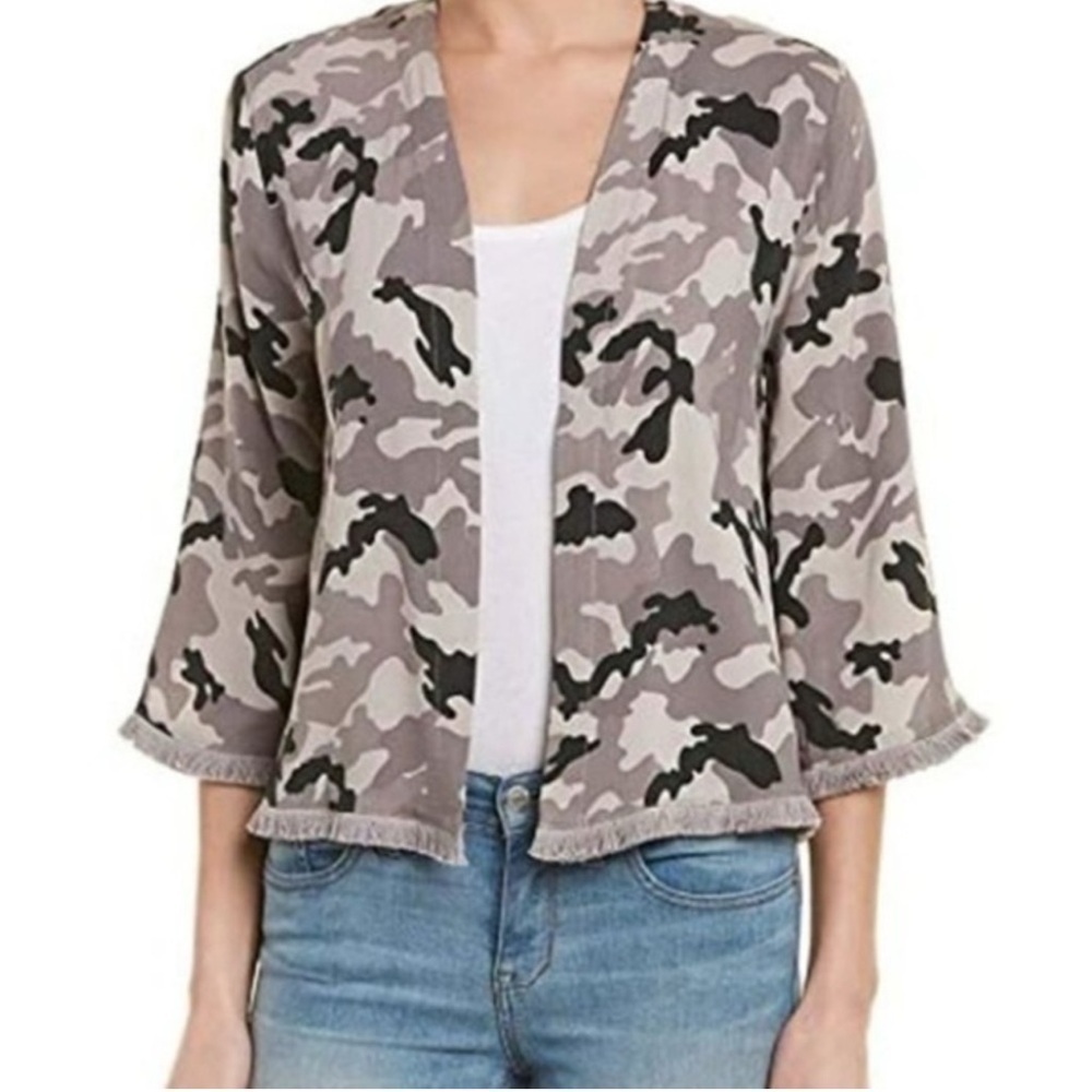 NWT Revolve Chaser Black & Gray Camouflage Open Front Jacket Fringe Kimono